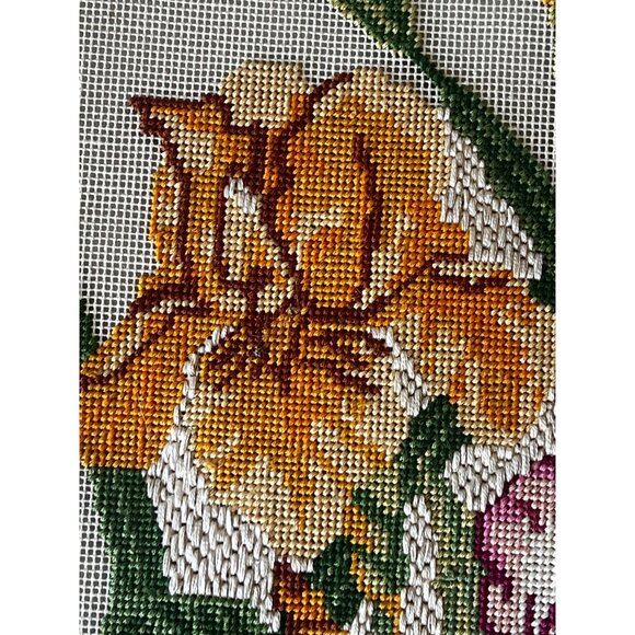 Hand-Stitched Needlepoint Iris Floral Canvas Art Unfinished w/ Materials & Bars - Picture 4 of 16
